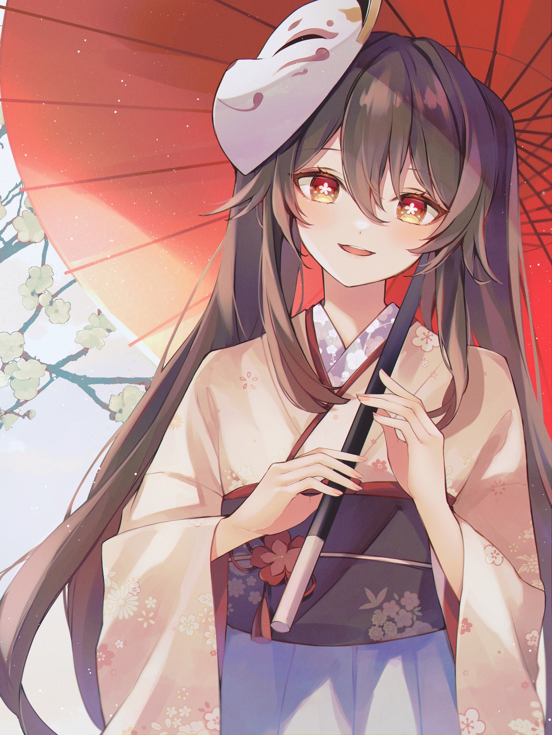 7aka_ne11, genshin_impact, hu_tao, japanese_clothes, umbrella