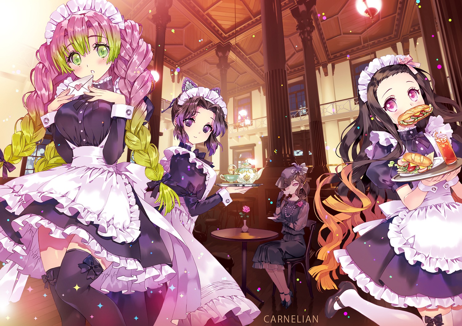 carnelian, heels, kamado_nezuko, kanroji_mitsuri, kibutsuji_muzan, kimetsu_no_yaiba, kochou_shinobu, maid, see_through, thighhighs