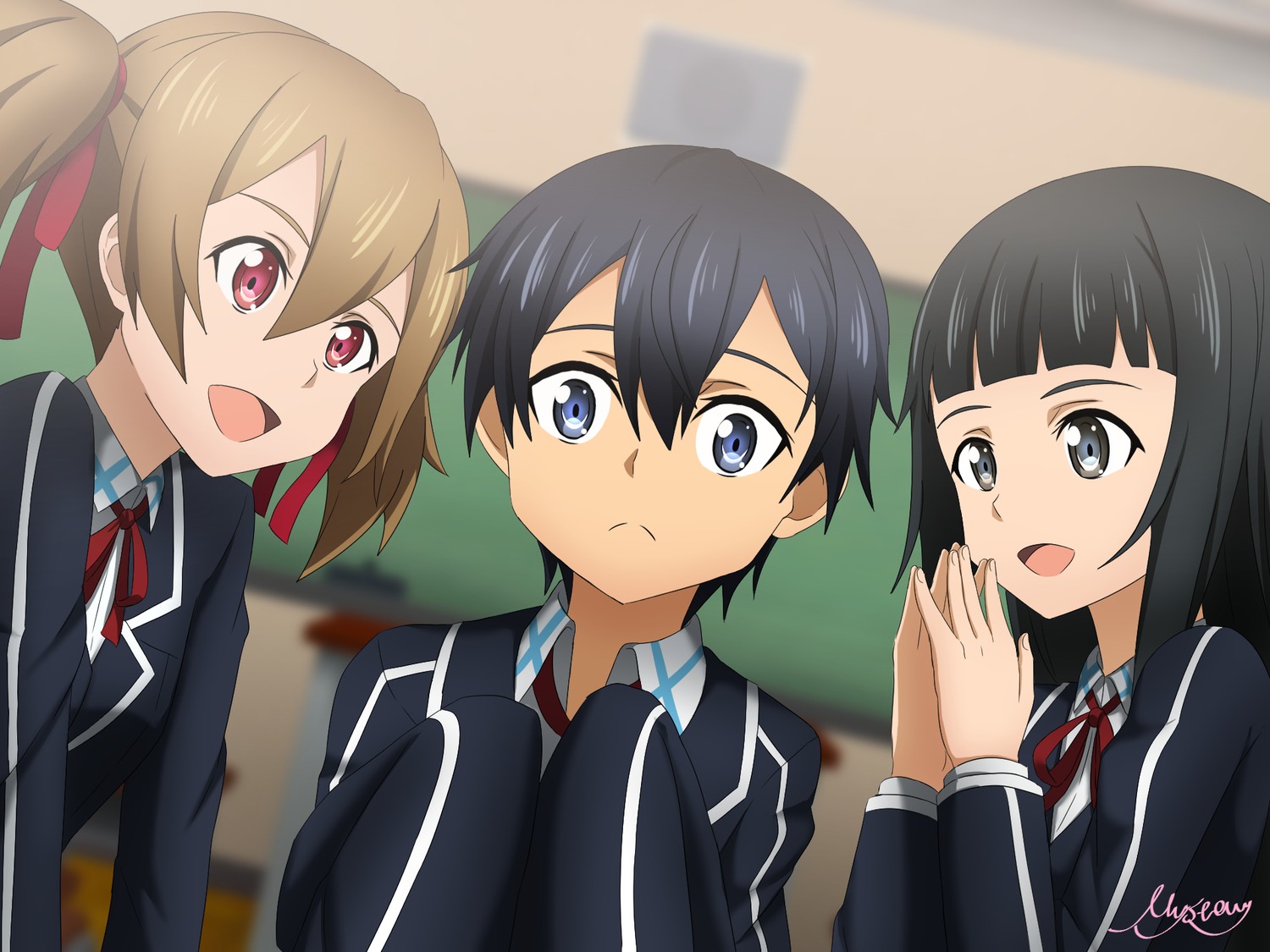 kirito, mystery, seifuku, silica, sword_art_online, yui_(sword_art_online)