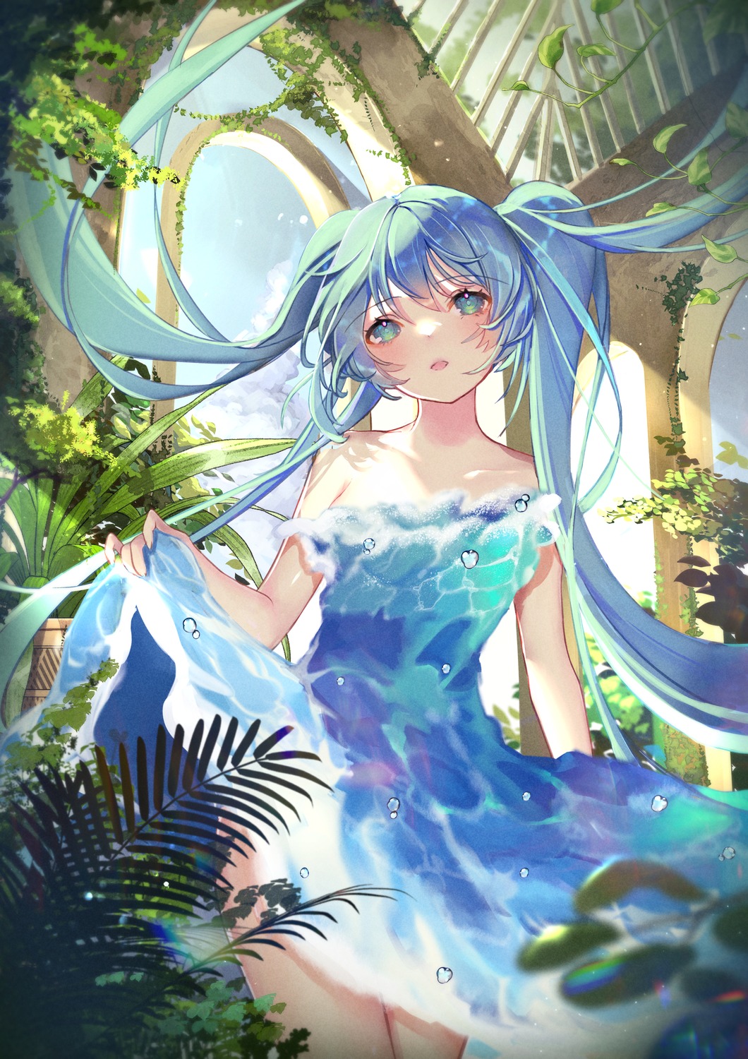 arua, dress, hatsune_miku, no_bra, skirt_lift, vocaloid