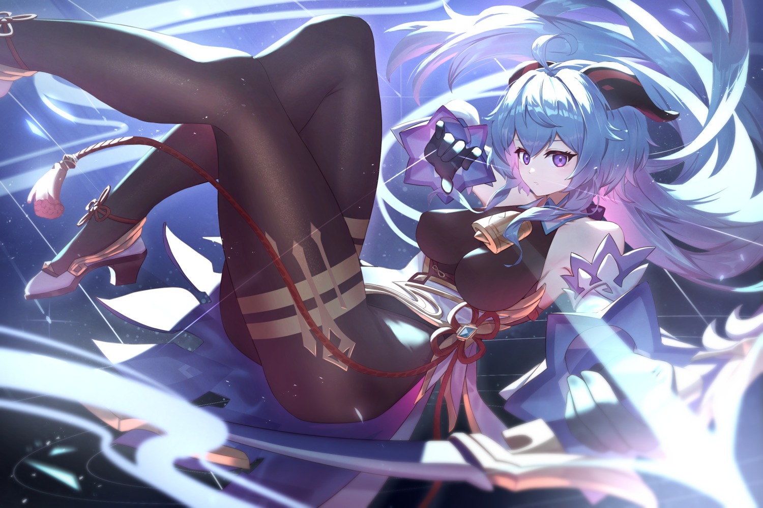 asian_clothes, eiryu33, ganyu, genshin_impact, heels, horns, leotard, pantyhose, weapon