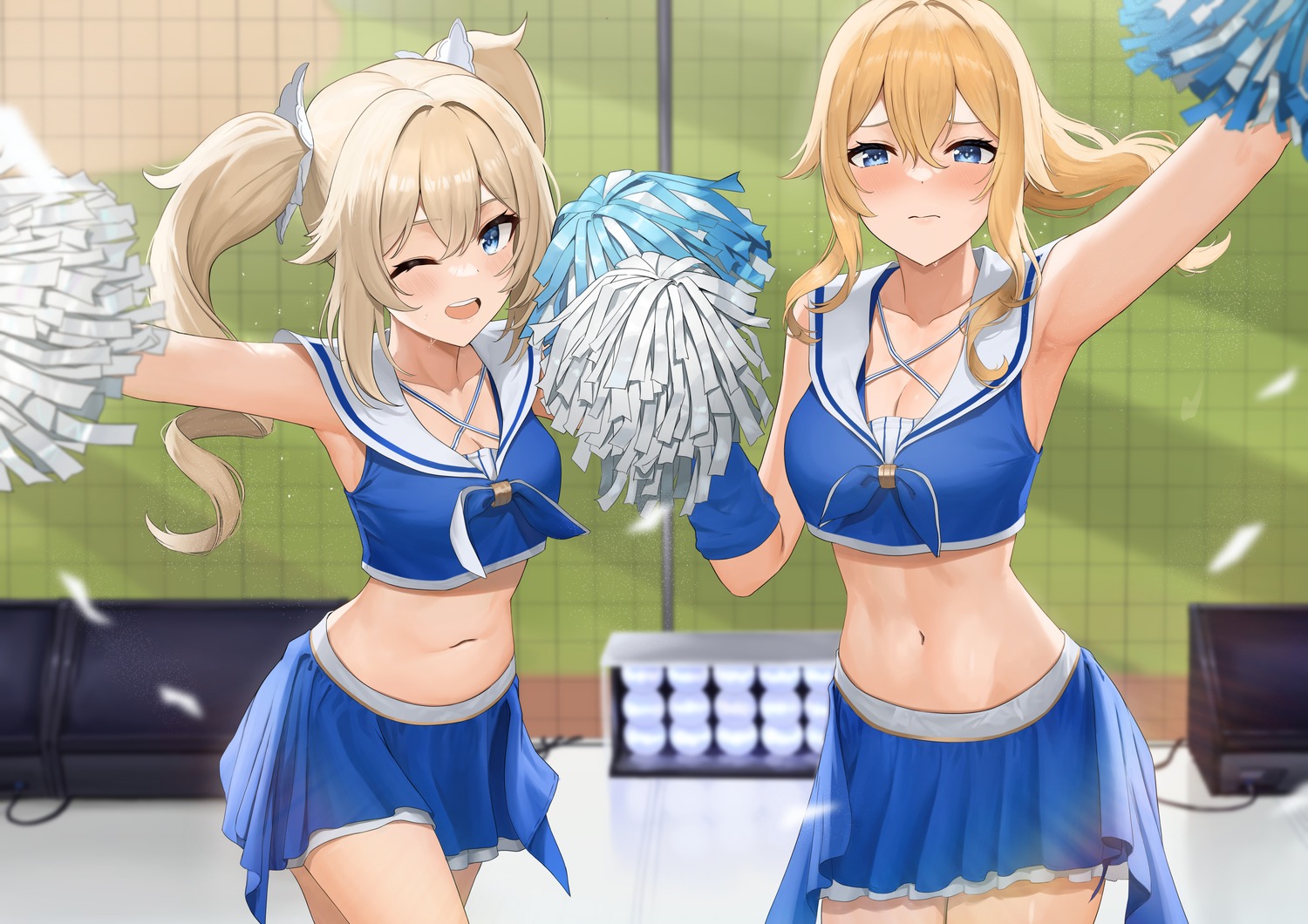ayul, barbara_(genshin_impact), cheerleader, cleavage, genshin_impact, jean_gunnhildr