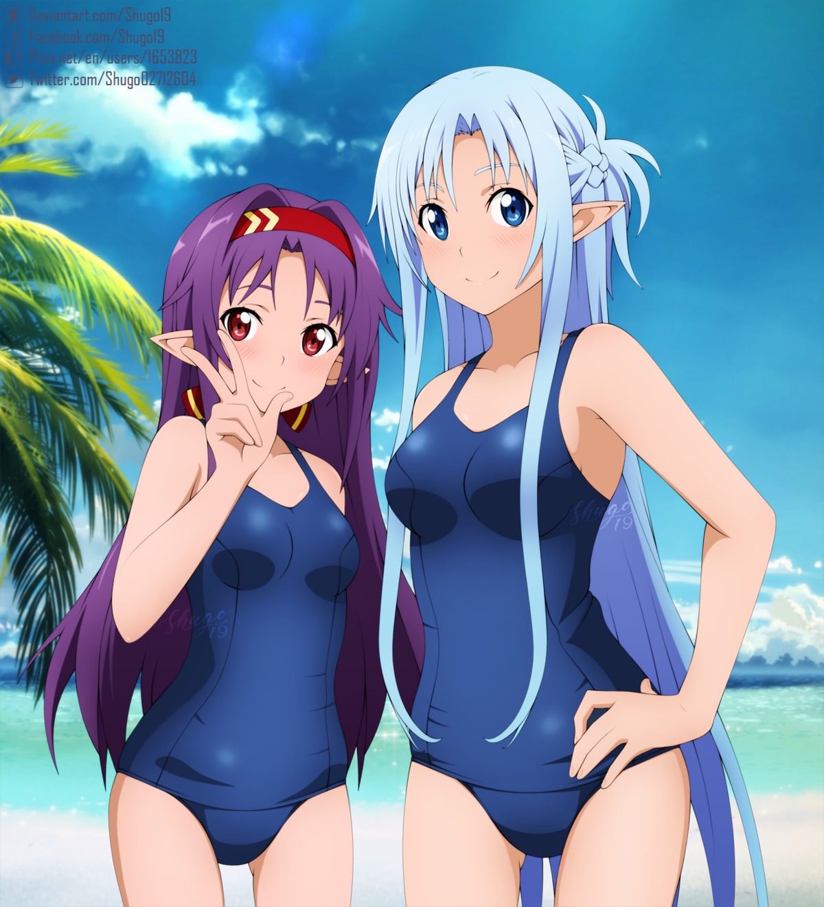 alfheim_online, asuna_(sword_art_online), konno_yuuki, pointy_ears, school_swimsuit, shugo19, swimsuits, sword_art_online
