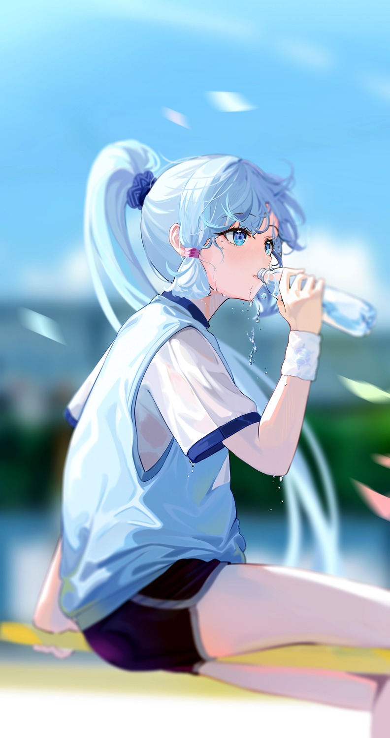 eggs_zero, genshin_impact, gym_uniform, kamisato_ayaka, see_through, wet_clothes
