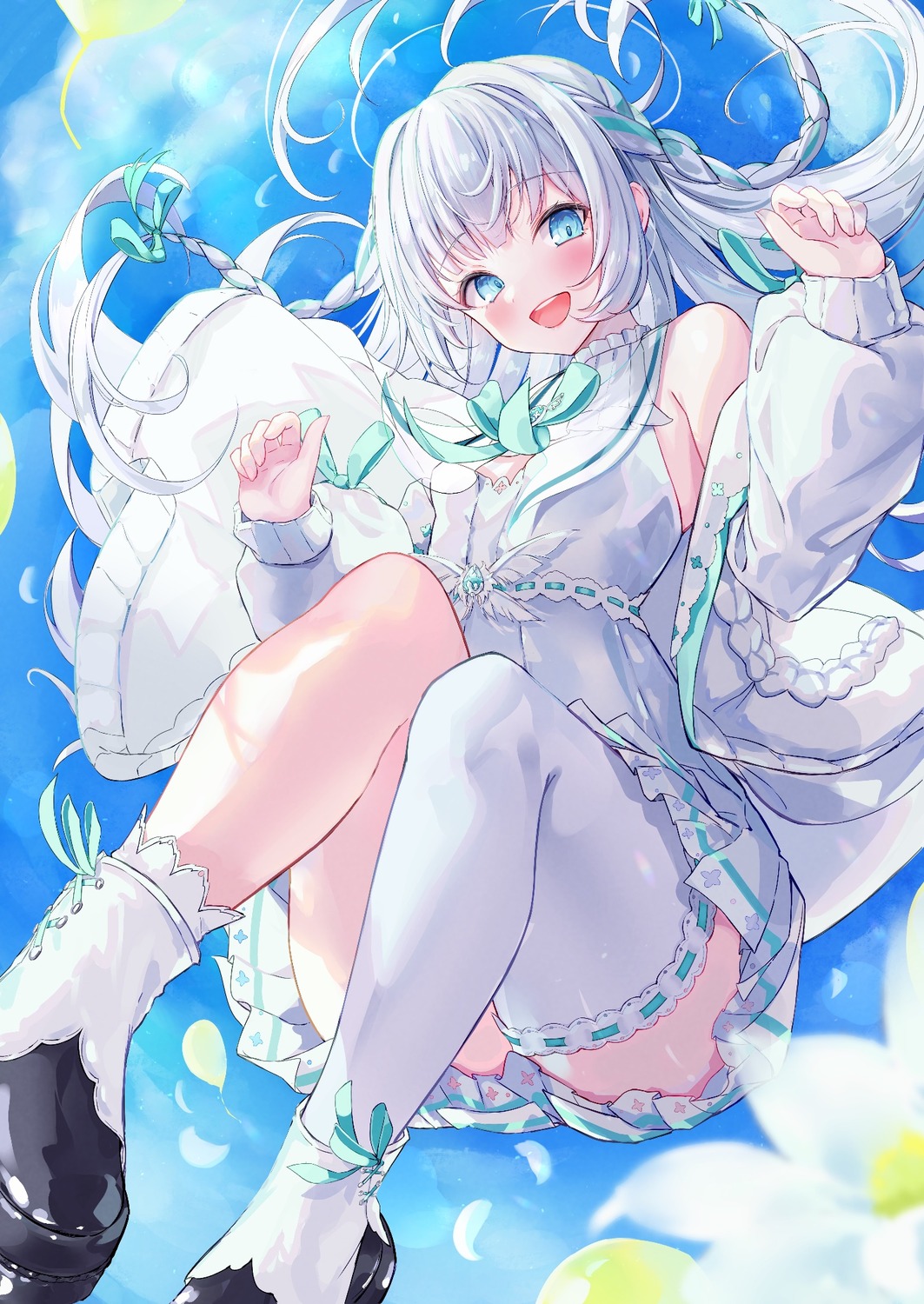 dress, indie_virtual_youtuber, mikami_hotaka, seno_kokoha, skirt_lift, sweater, thighhighs