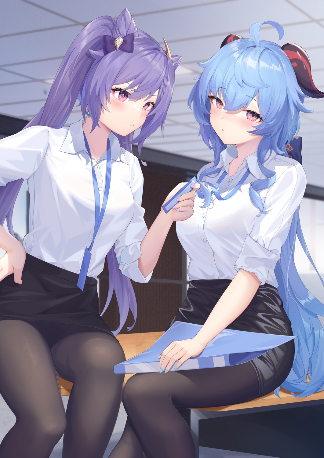 dress_shirt, ganyu, genshin_impact, horns, keqing, kuroida, pantyhose, skirt_lift