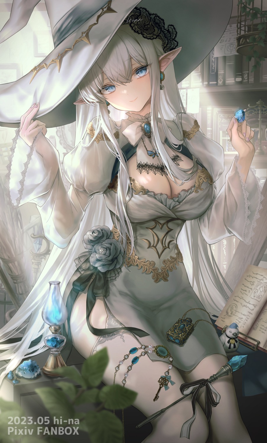 dress, hi-na1, no_bra, pointy_ears, see_through, stockings, thighhighs, witch