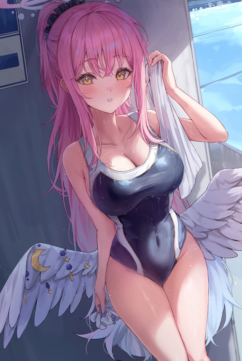 2gong_(9ujin_), angel, blue_archive, cleavage, misono_mika, swimsuits, wet, wings
