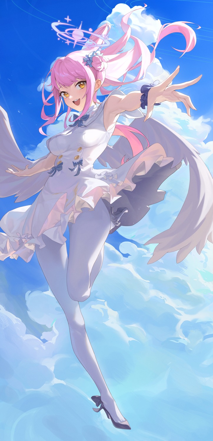 angel, blue_archive, dress, heels, misono_mika, pantyhose, shibasoda, skirt_lift