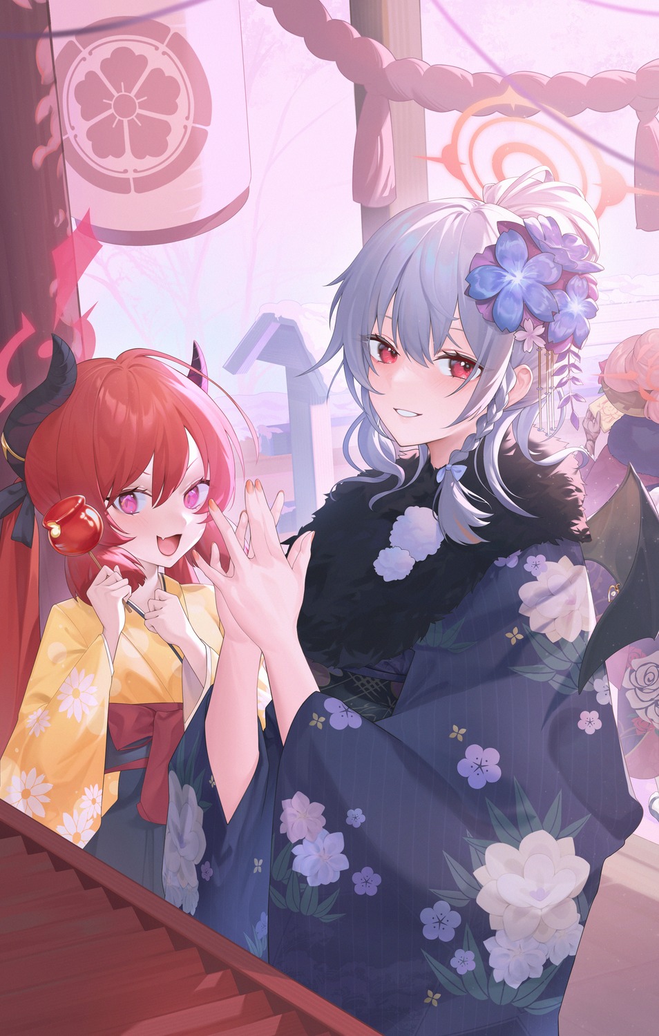 akashi_junko, blue_archive, devil, halo, horns, japanese_clothes, kimono, kurodate_haruna
