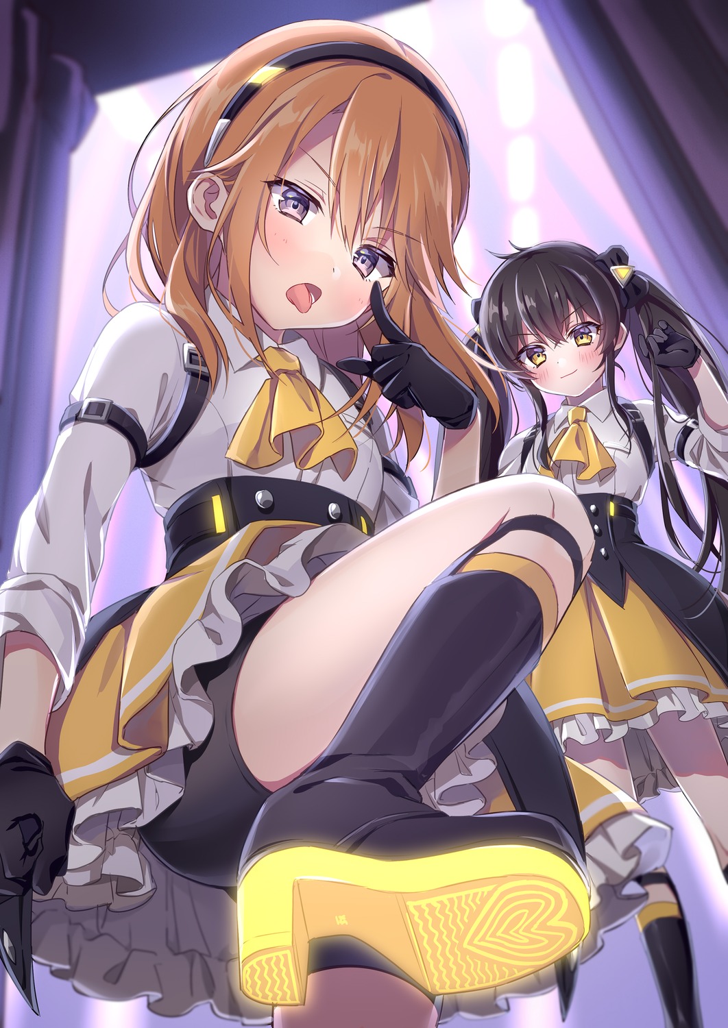 bike_shorts, heels, matoba_risa, riku_(melty_drop), skirt_lift, the_idolm@ster, the_idolm@ster_cinderella_girls, the_idolm@ster_cinderella_girls_u149, uniform, yuuki_haru