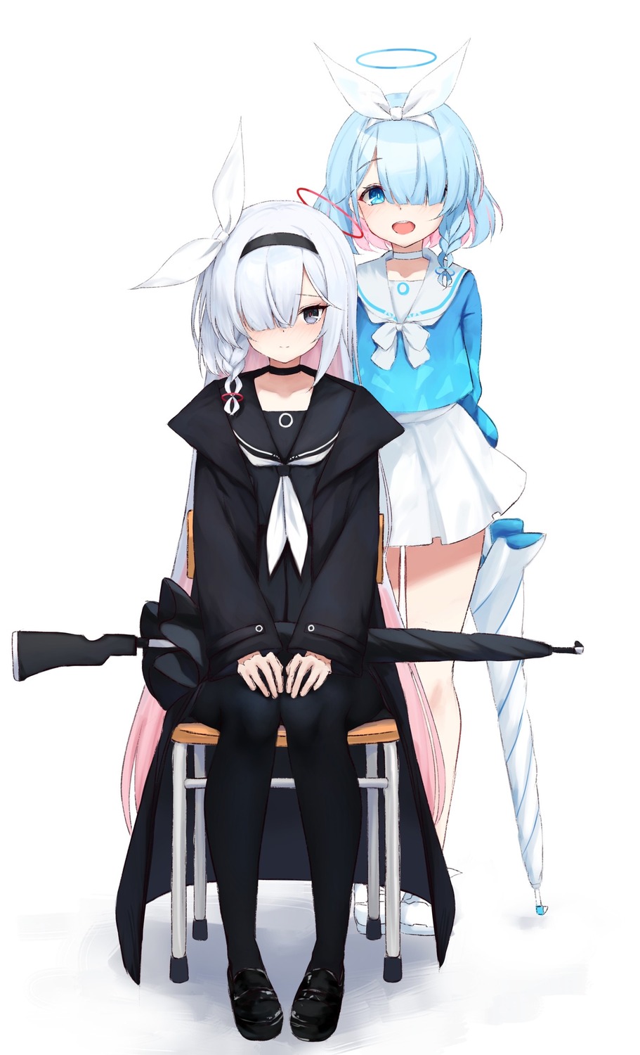 arona_(blue_archive), blue_archive, gun, halo, inre_kemomimi, pantyhose, plana_(blue_archive), seifuku