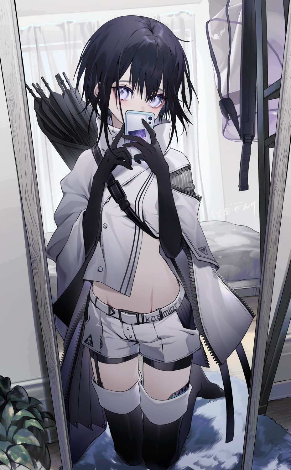 arknights, cosplay, haizome_senri, platinum_(arknights), selfie, stockings, thighhighs