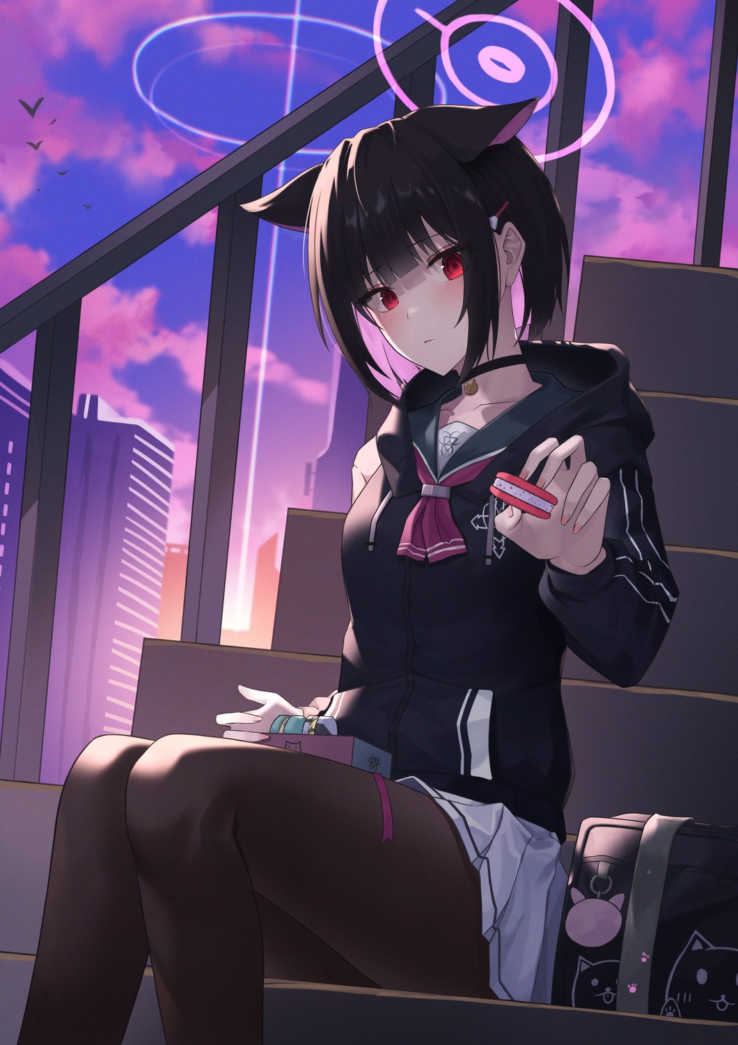 animal_ears, blue_archive, halo, hidel, kyouyama_kazusa, nekomimi, pantyhose, seifuku
