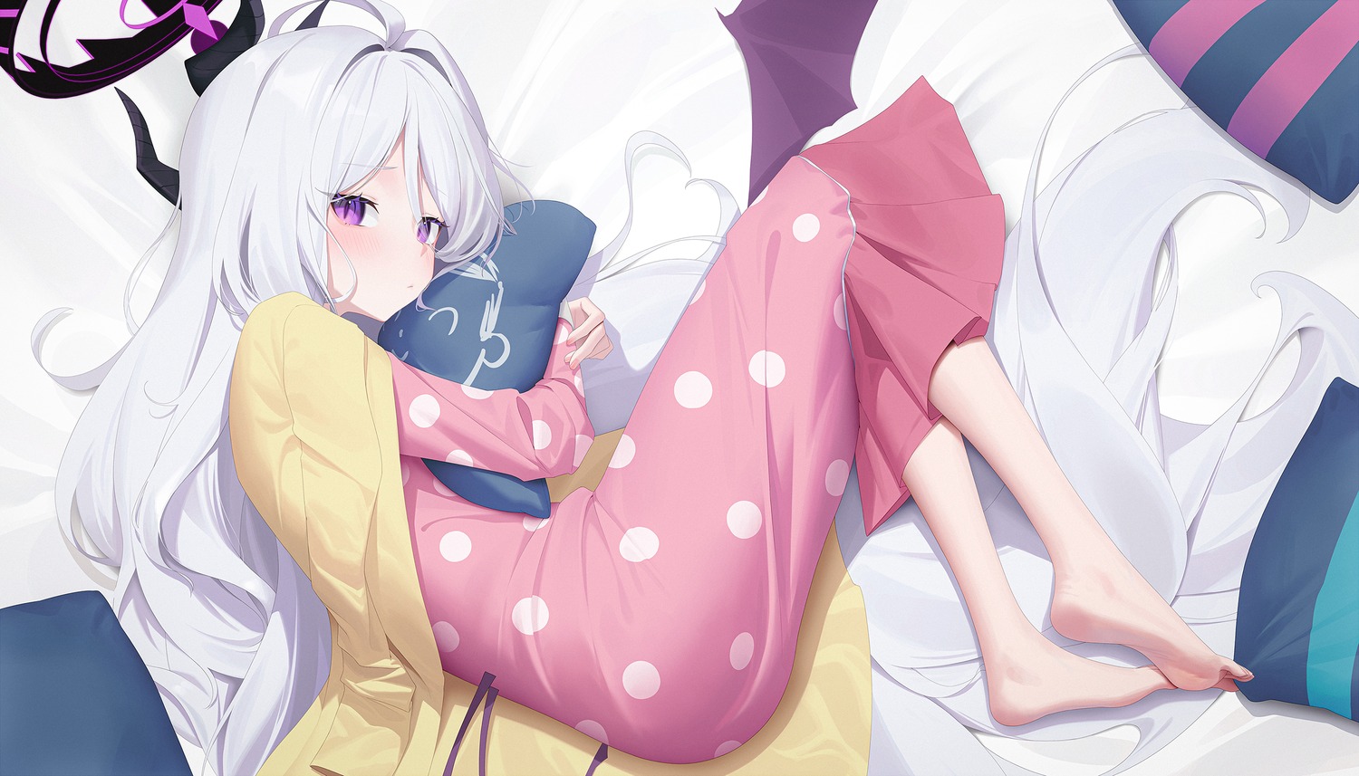 aya_(lezon), blue_archive, devil, halo, horns, pajama, sorasaki_hina, wings