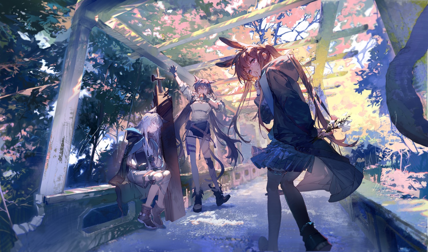 amiya_(arknights), animal_ears, arknights, blaze_(arknights), bunny_ears, garter, min_(120716), rosmontis_(arknights)