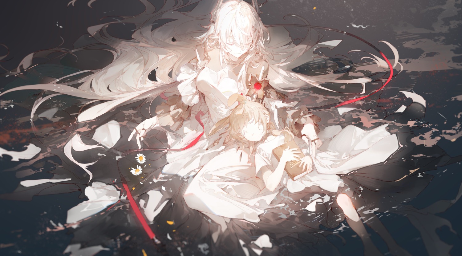 amiya_(arknights), animal_ears, arknights, bunny_ears, dress, horns, jpeg_artifacts, min_(120716), theresa_(arknights), torn_clothes, wet