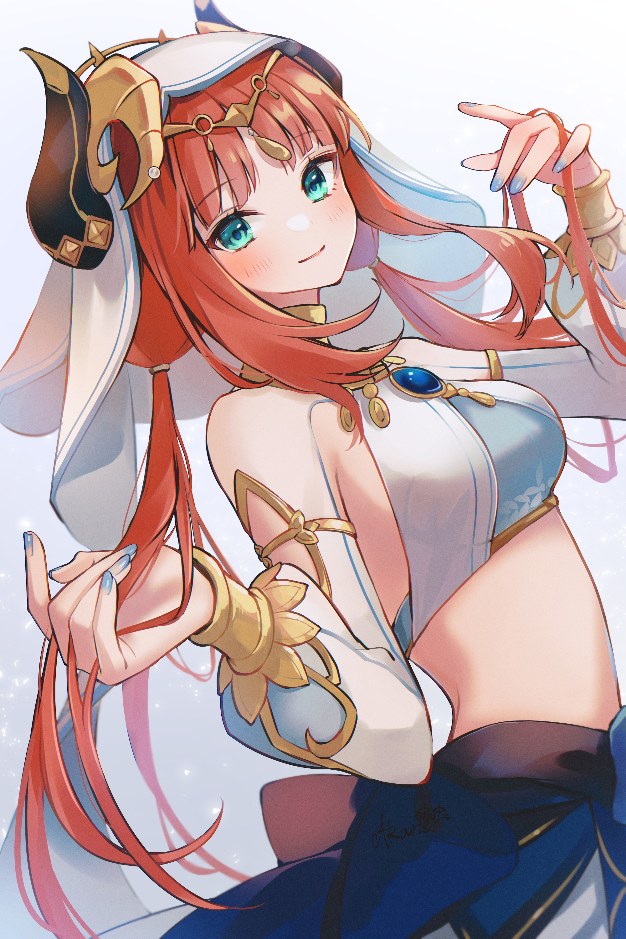 7aka_ne11, genshin_impact, horns, nilou, no_bra