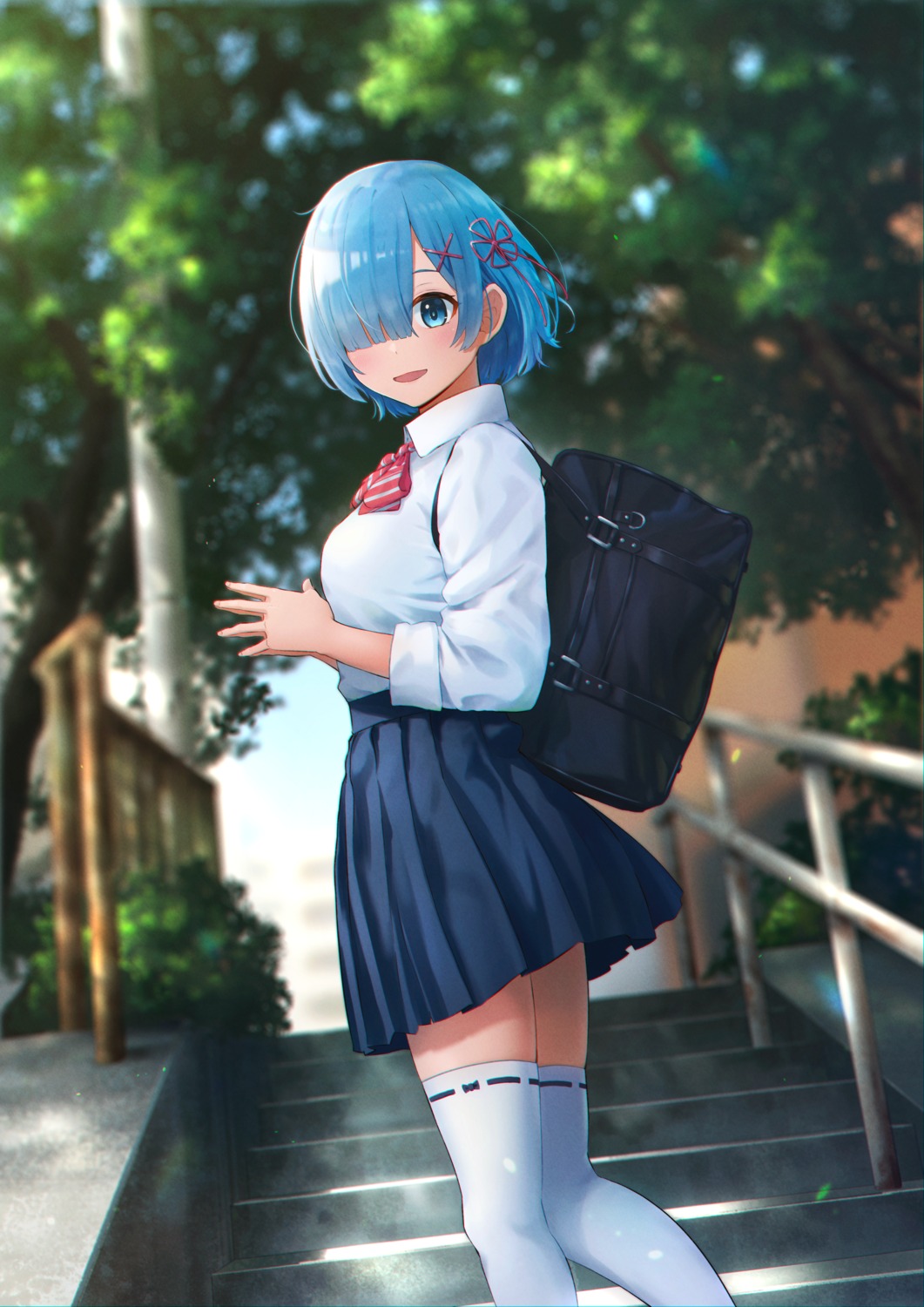 hanagamigendai, re:zero_kara_hajimeru_isekai_seikatsu, rem_(re_zero), seifuku, thighhighs