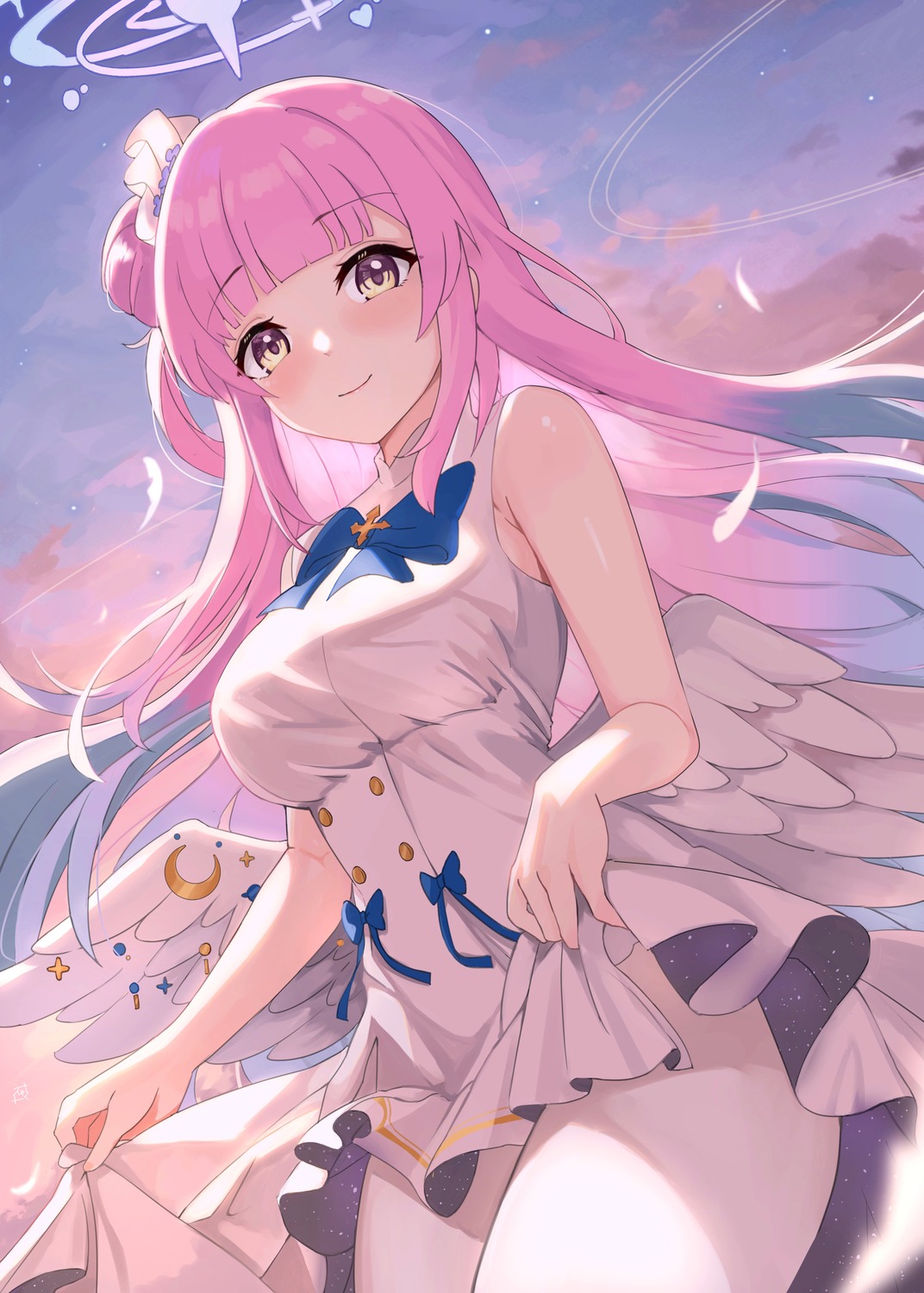 angel, blue_archive, dress, feza_chen_(ushaku), misono_mika, pantyhose, skirt_lift, wings