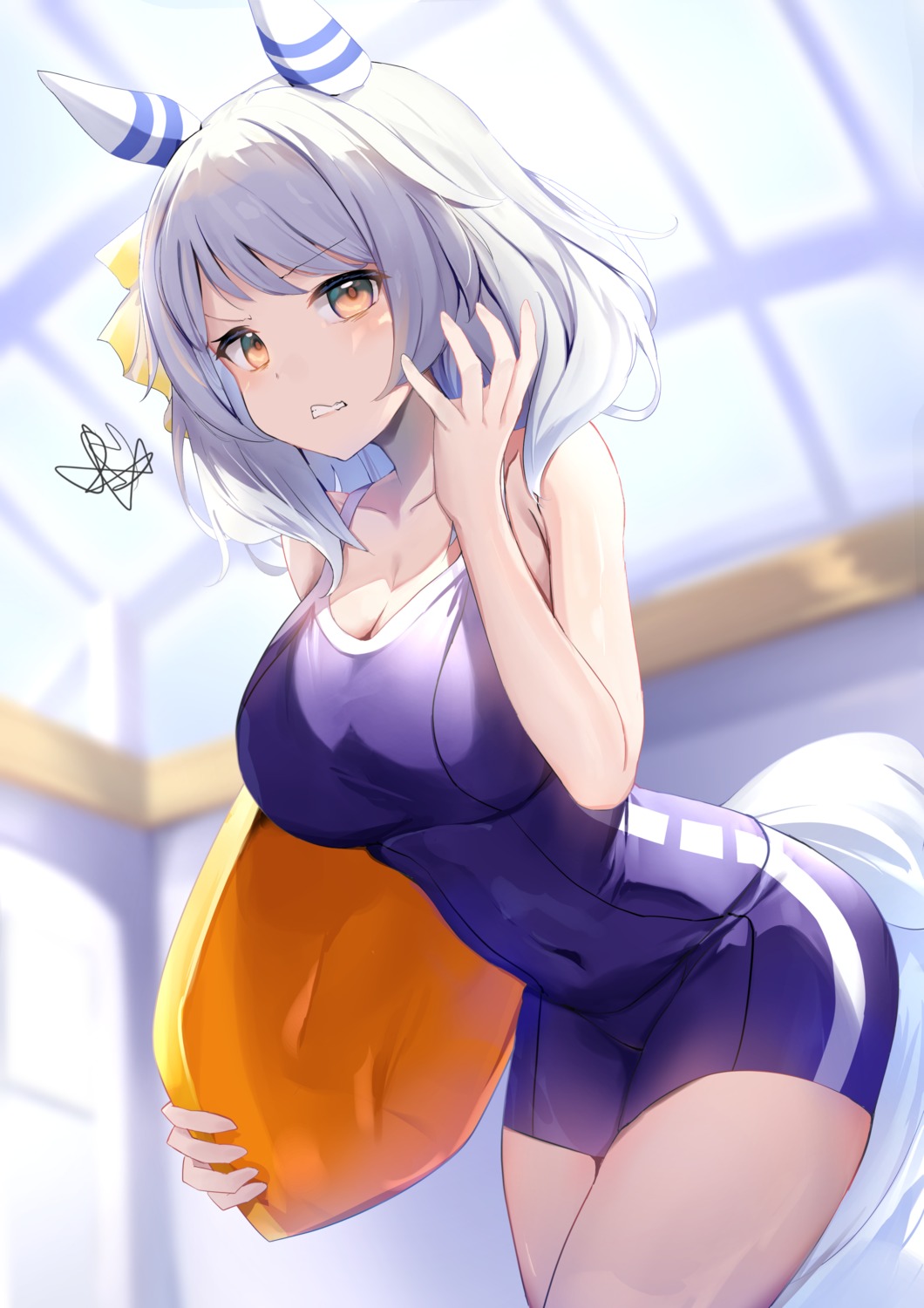 animal_ears, cleavage, hishi_miracle_(umamusume), school_swimsuit, swimsuits, tail, uma_musume_pretty_derby, yamada_auto