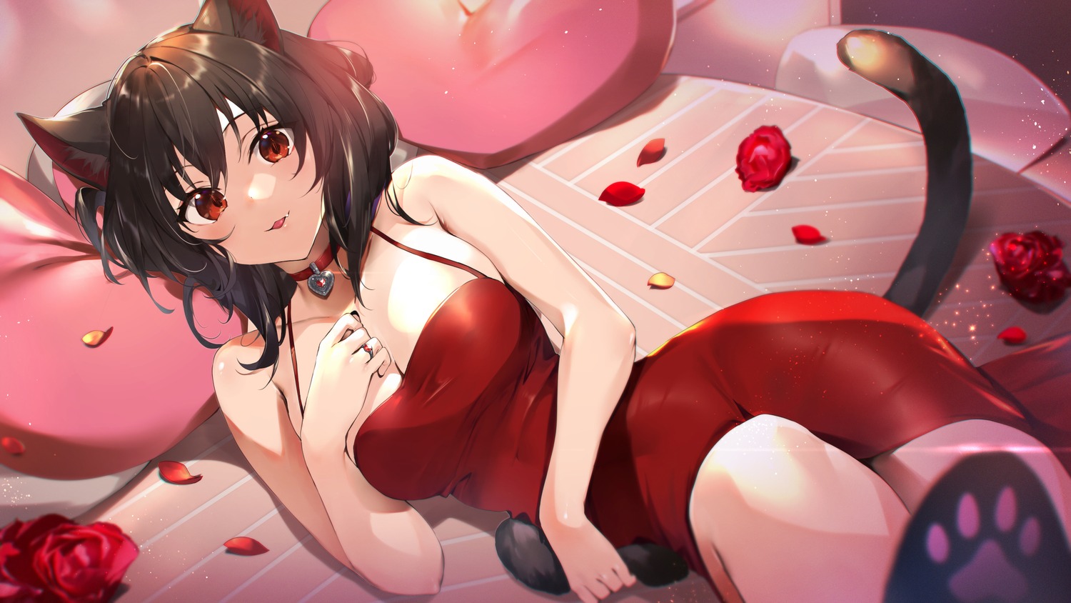 animal_ears, dress, kasumi_komo, nekomimi, no_bra, tail