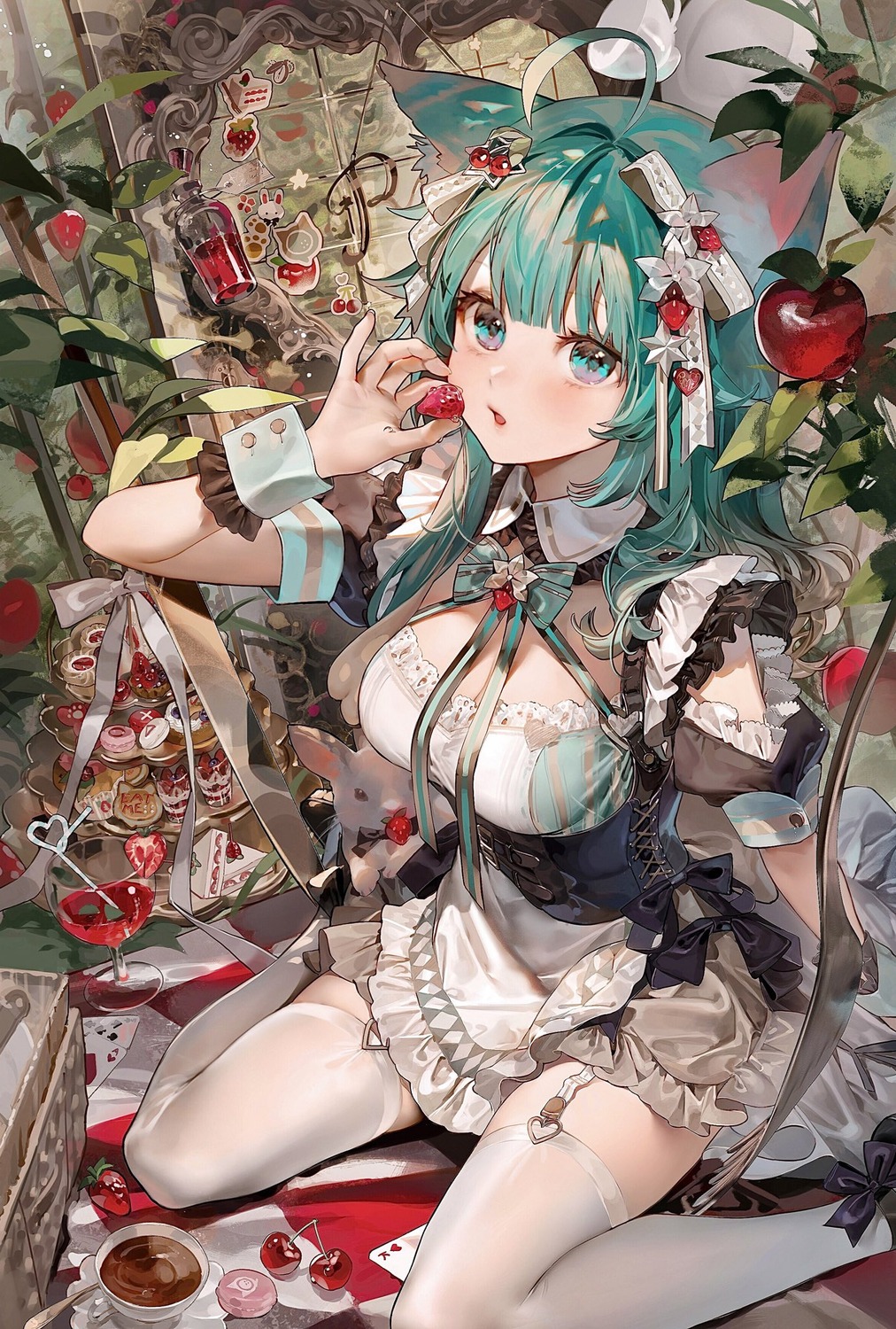 animal_ears, gothic_lolita, indie_virtual_youtuber, lanmewko, lolita_fashion, nekomimi, no_bra, stockings, suzumi_(ccroquette), thighhighs