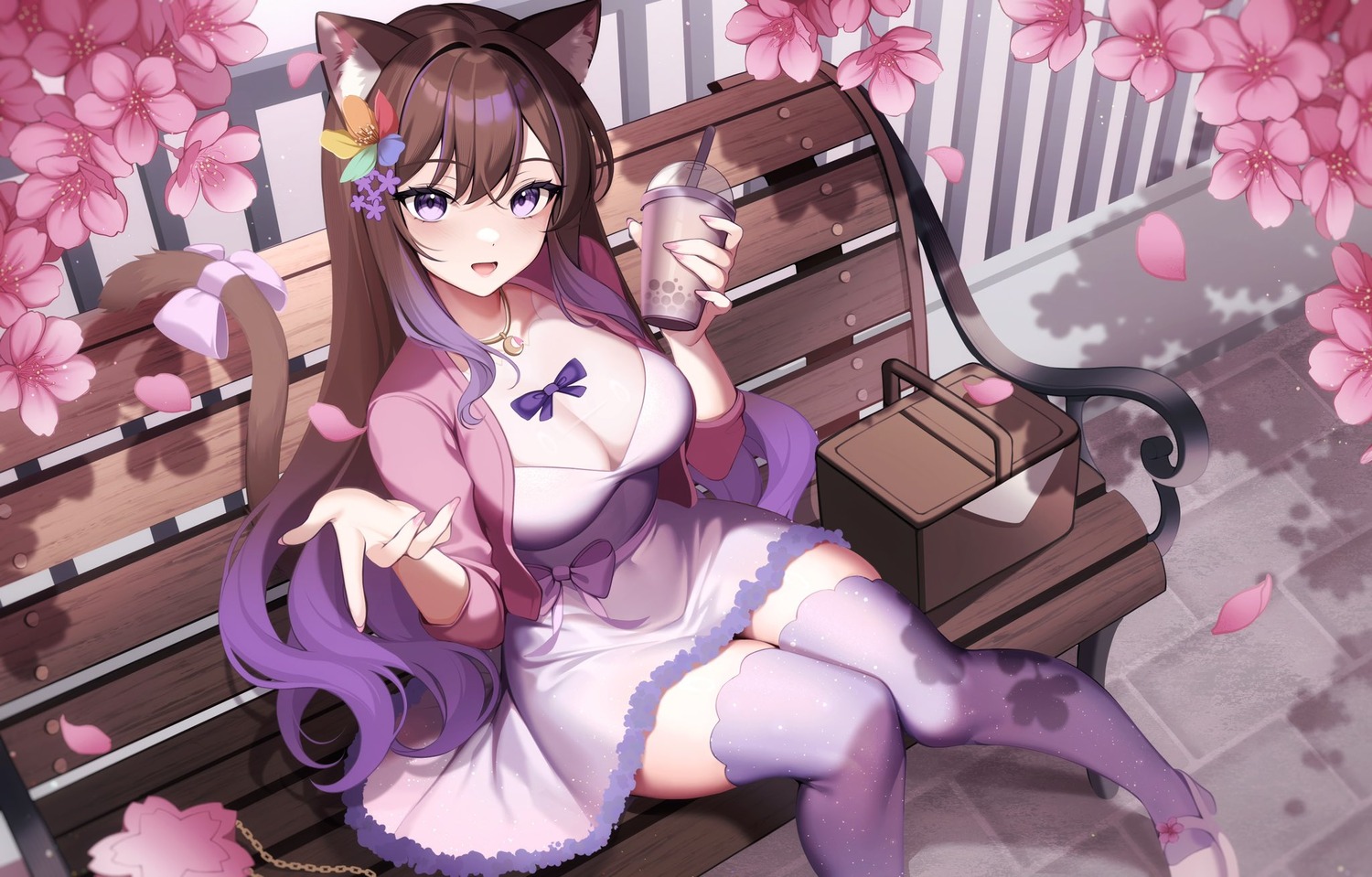 animal_ears, dress, kiyochii, nekomimi, no_bra, see_through, tail, thighhighs