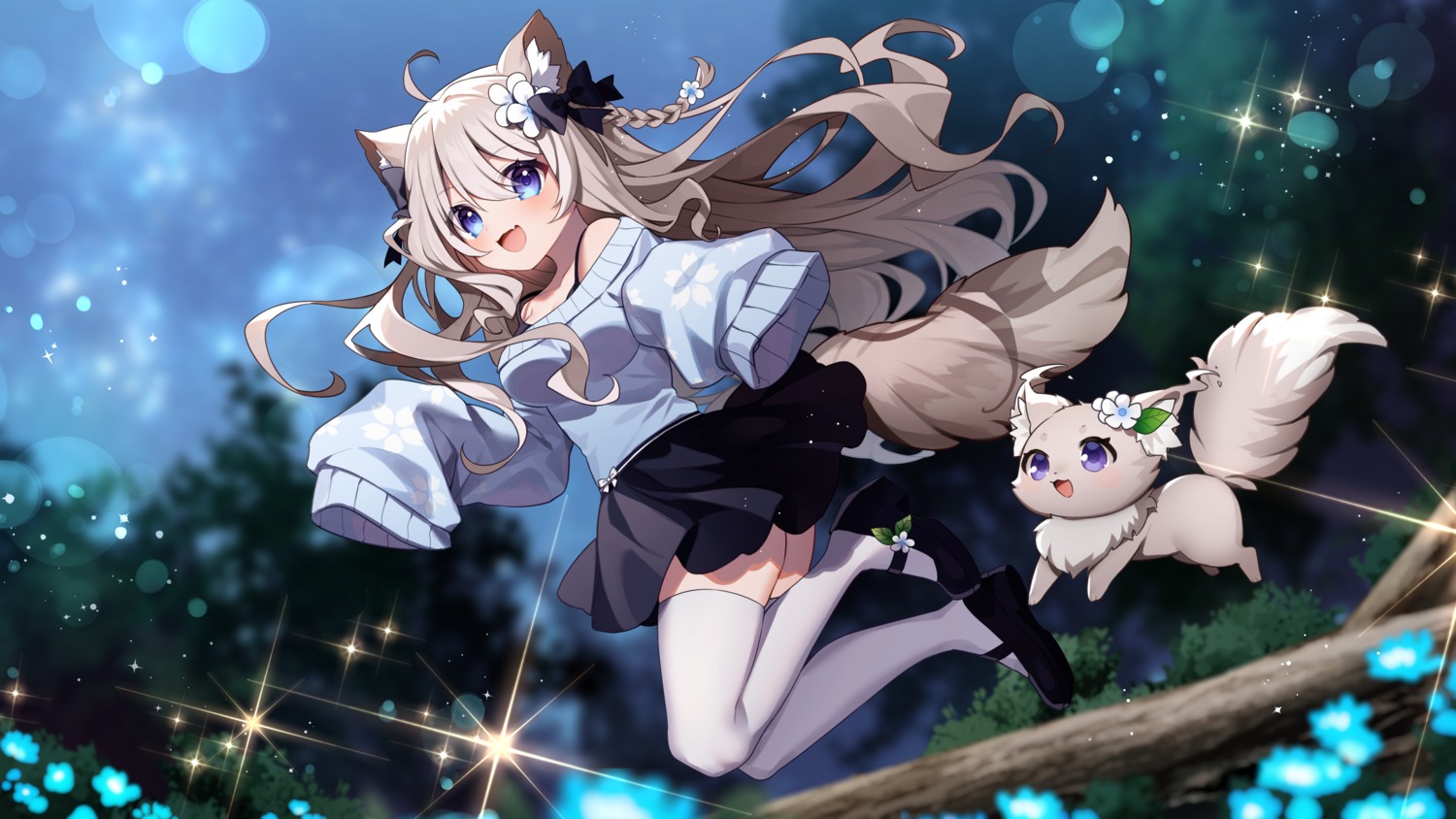 animal_ears, hazakura_chikori, skirt_lift, sweater, tail, thighhighs, wallpaper
