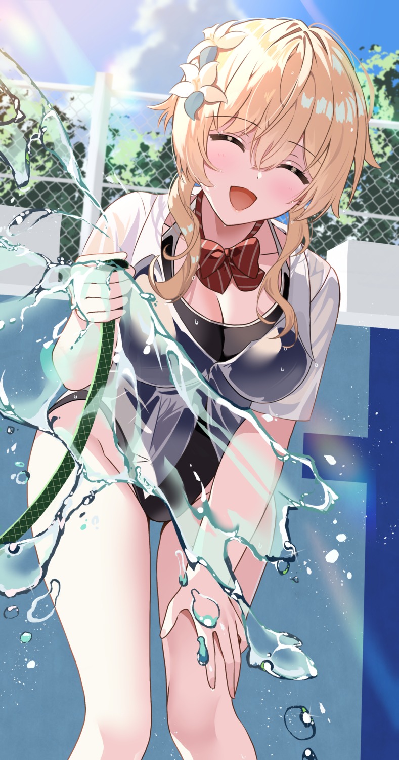 cleavage, genshin_impact, lumine, rererere_mon, see_through, seifuku, swimsuits, wet_clothes