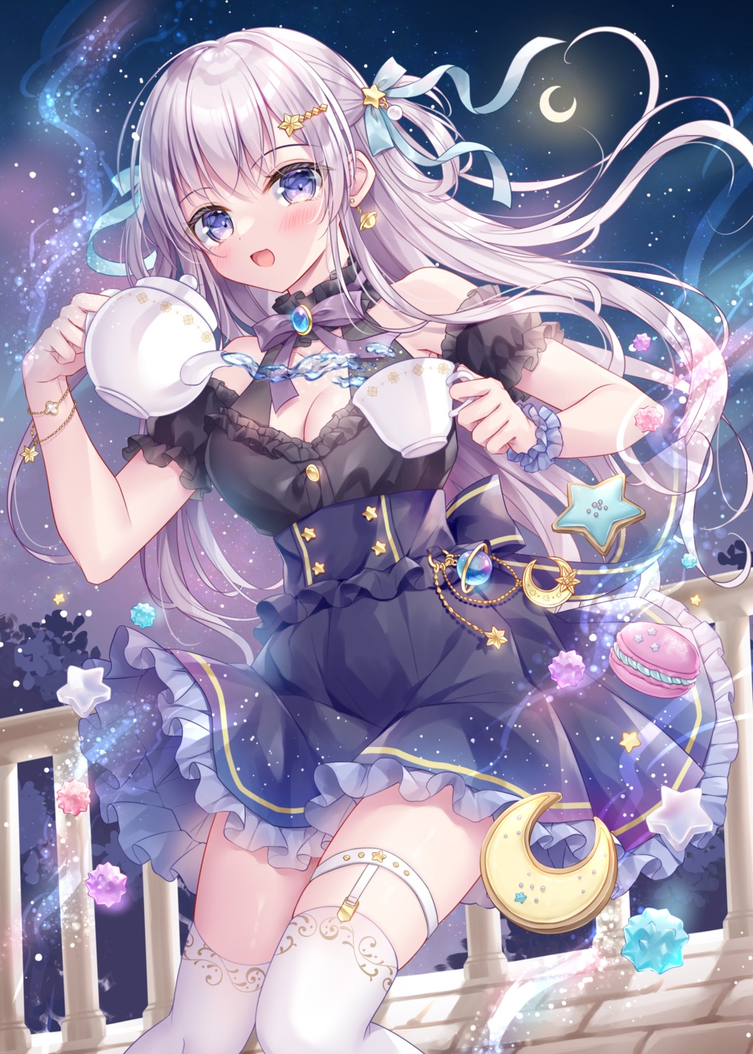 cleavage, dress, garter, kohinata_hoshimi, skirt_lift, stockings, thighhighs