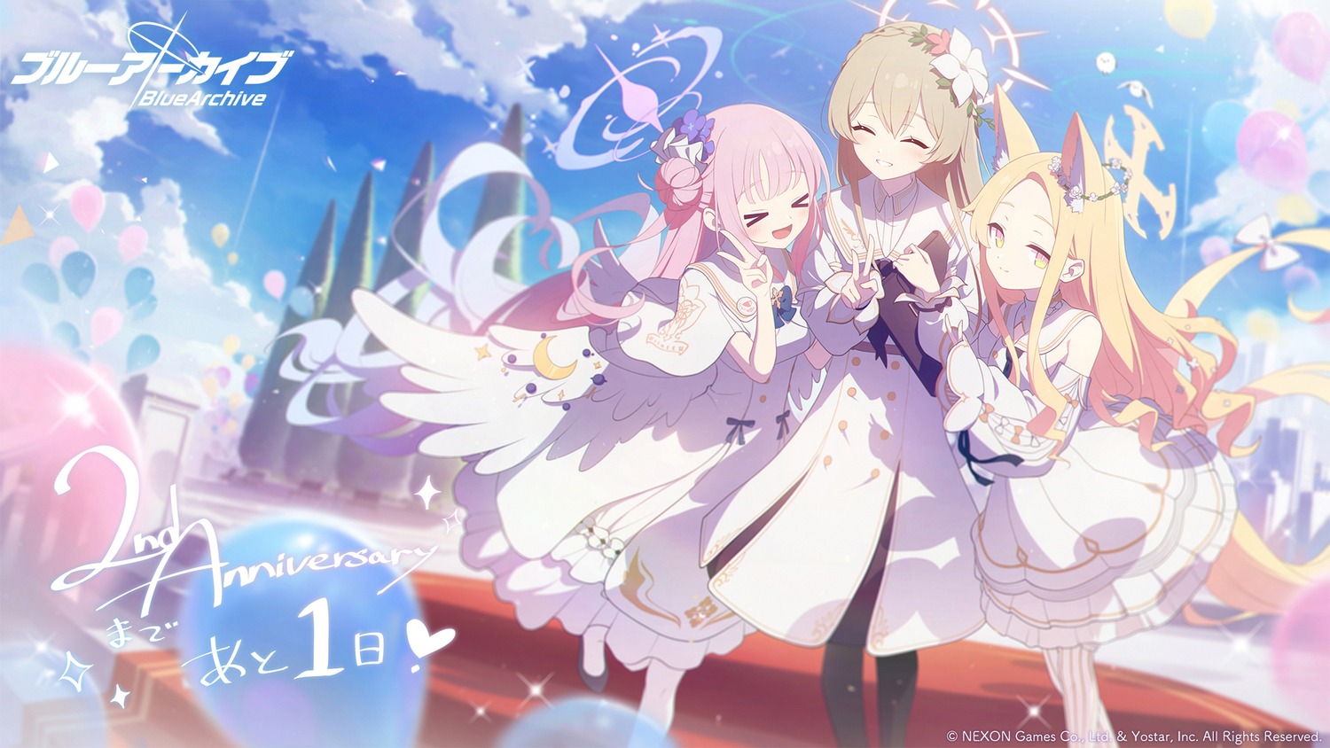angel, animal_ears, blue_archive, dress, hennnachoco, kirifuji_nagisa, kitsune, misono_mika, pantyhose, wallpaper, wings, yurizono_seia