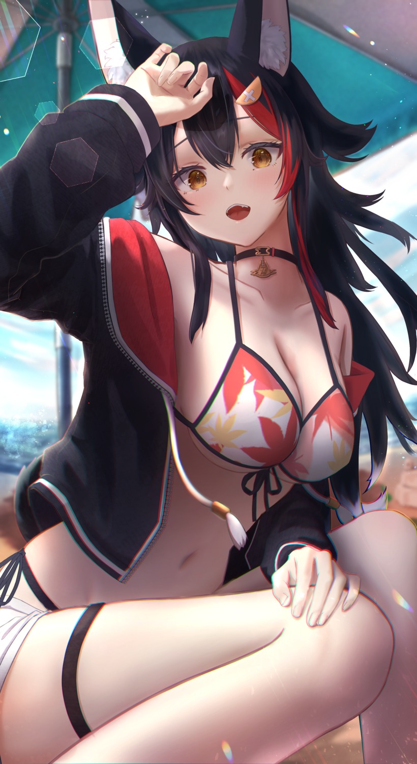 animal_ears, bikini, garter, hinataaoi_(iraiuketsukechuu), hololive, hololive_gamers, ookami_mio, open_shirt