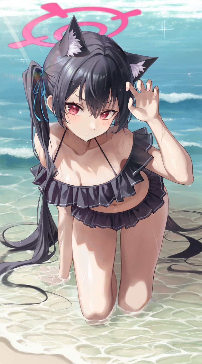 animal_ears, bikini, blue_archive, cleavage, halo, kuromi_serika, nekomimi, swimsuits