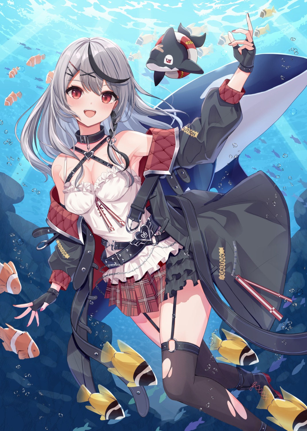 adju_ster, hololive, no_bra, sakamata_chloe, stockings, thighhighs, torn_clothes
