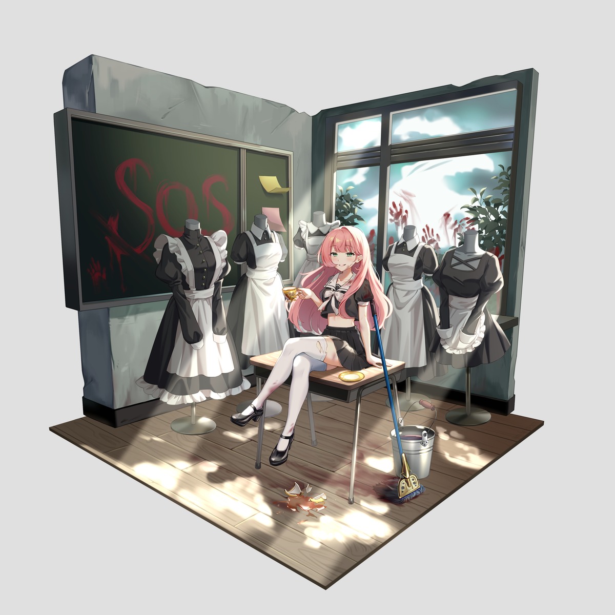 blood, cute_took, heels, seifuku, thighhighs