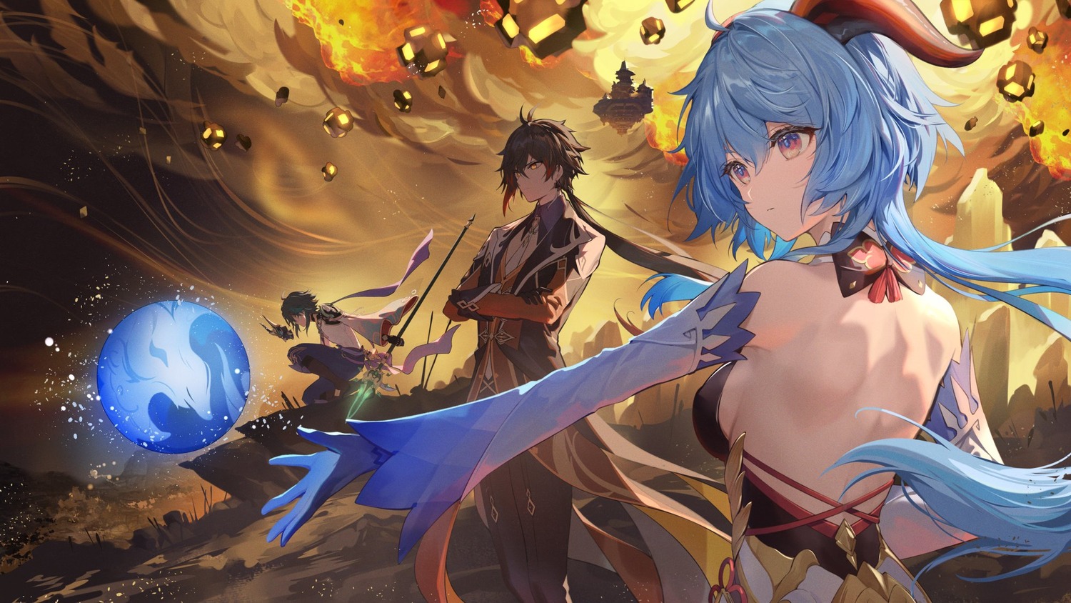 asian_clothes, ganyu, genshin_impact, horns, necomi, no_bra, weapon, xiao