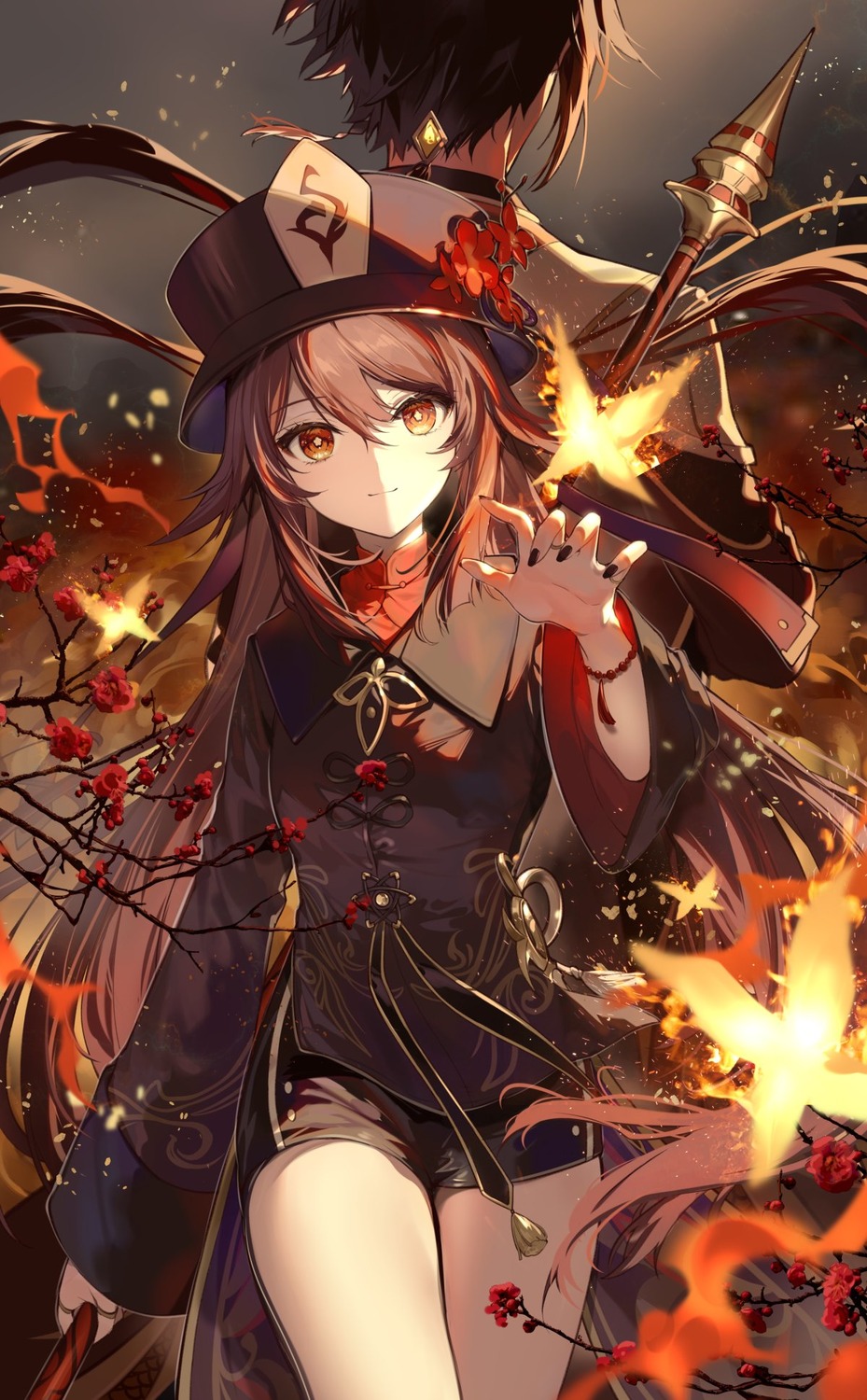 asian_clothes, genshin_impact, hu_tao, necomi, weapon, zhongli