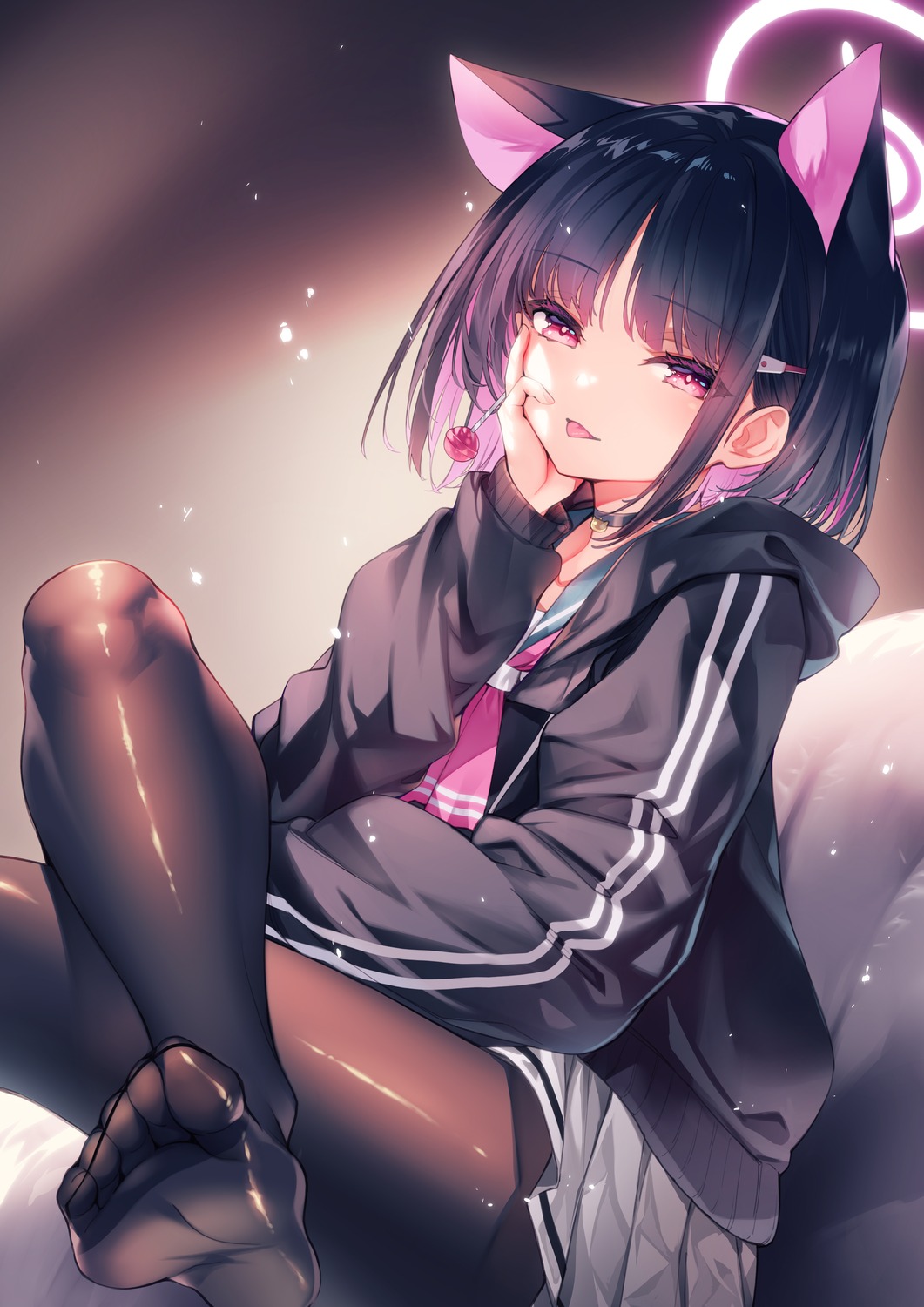 animal_ears, blue_archive, feet, halo, hirano_katsuyuki, kyouyama_kazusa, nekomimi, pantyhose, seifuku, sweater