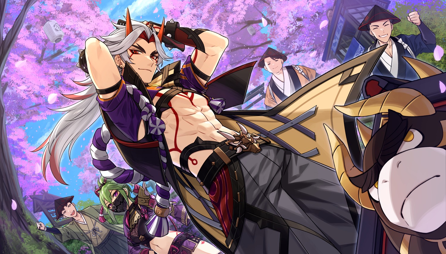 akira_(genshin_impact), arataki_itto, genshin_impact, genta_(genshin_impact), horns, japanese_clothes, kuki_shinobu, mamoru_(genshin_impact)