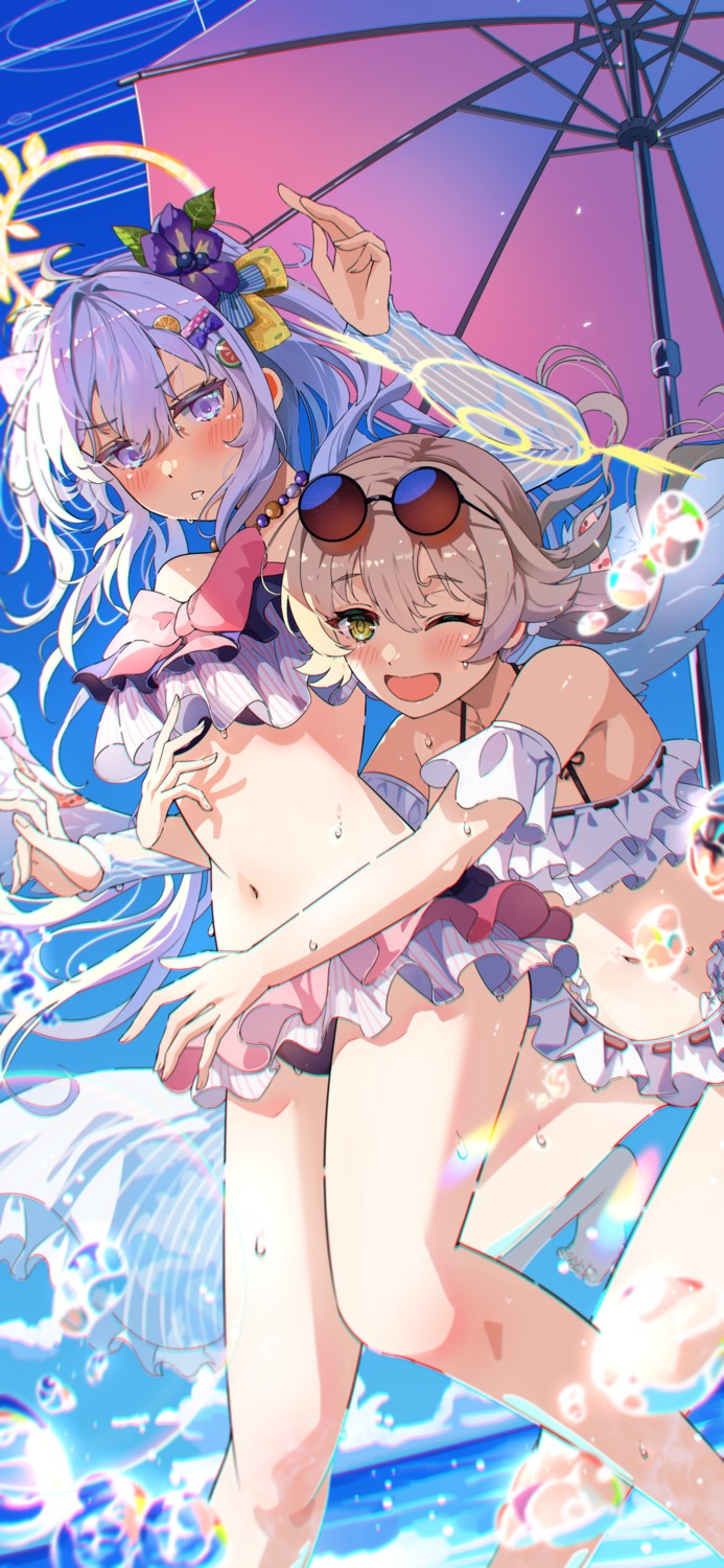 ajitani_hifumi, bikini, blue_archive, halo, megane, sakatsuki_yakumo, shirasu_azusa, swimsuits