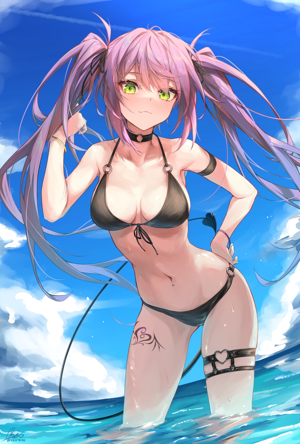 bikini, garter, gin9684, hololive, swimsuits, tail, tattoo, tokoyami_towa, wet