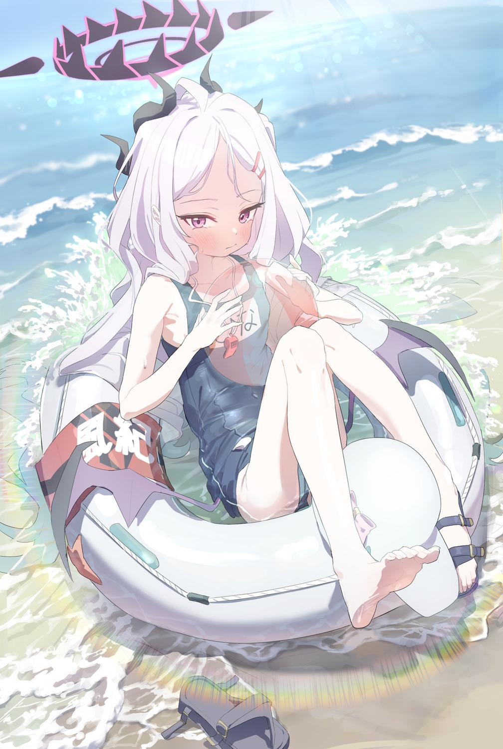 applepie_(12711019), blue_archive, devil, feet, halo, horns, school_swimsuit, sorasaki_hina