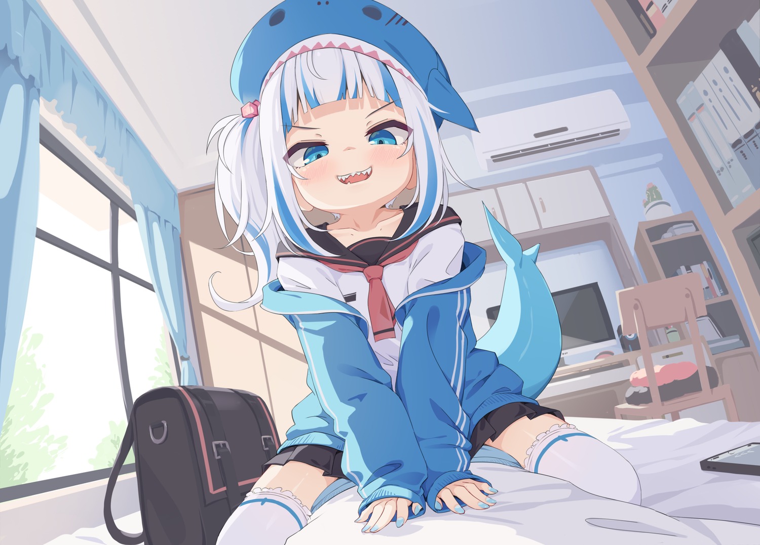 gawr_gura, hololive, hololive_english, seifuku, tail, tenroy, thighhighs