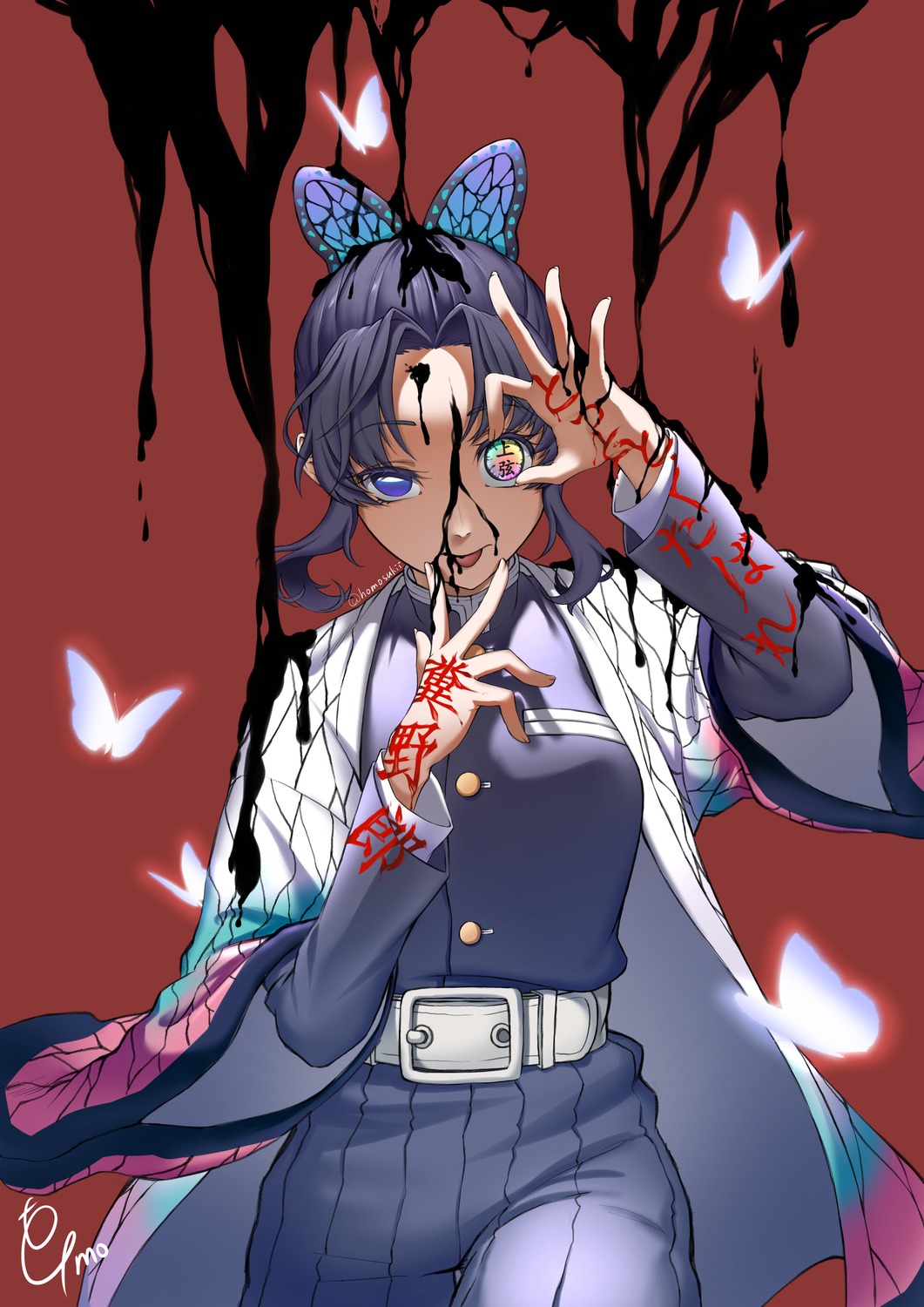 fumo_(homosukii), heterochromia, japanese_clothes, kimetsu_no_yaiba, kochou_shinobu, tattoo, uniform