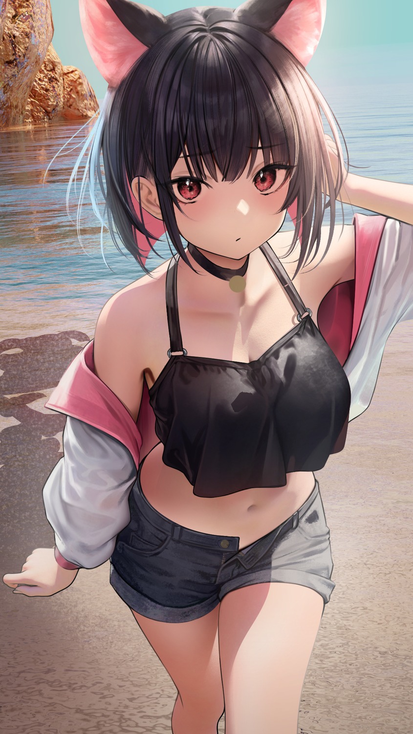 animal_ears, bikini_top, blue_archive, halo, kyouyama_kazusa, nanaken_nana, nekomimi, open_shirt, see_through, swimsuits