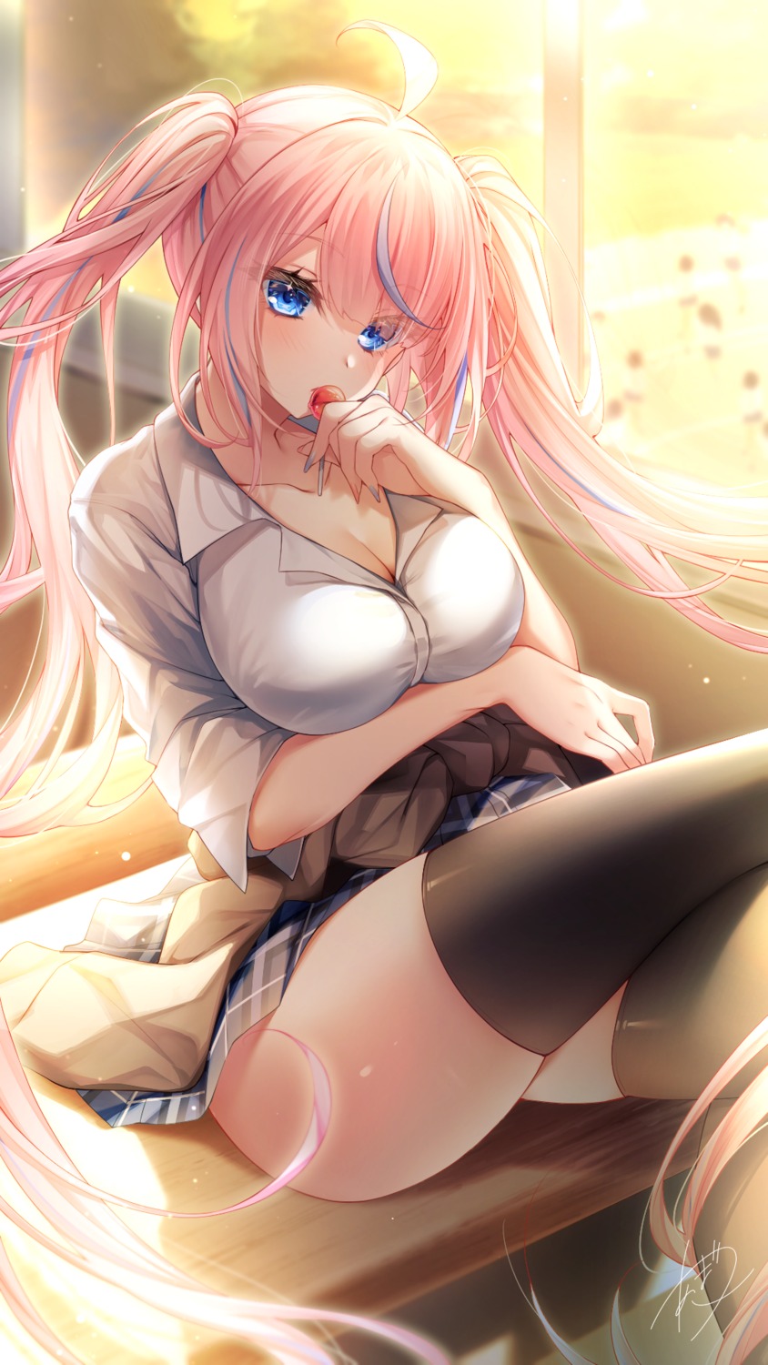 amatsuji, cleavage, open_shirt, seifuku, skirt_lift, sweater, tail, thighhighs