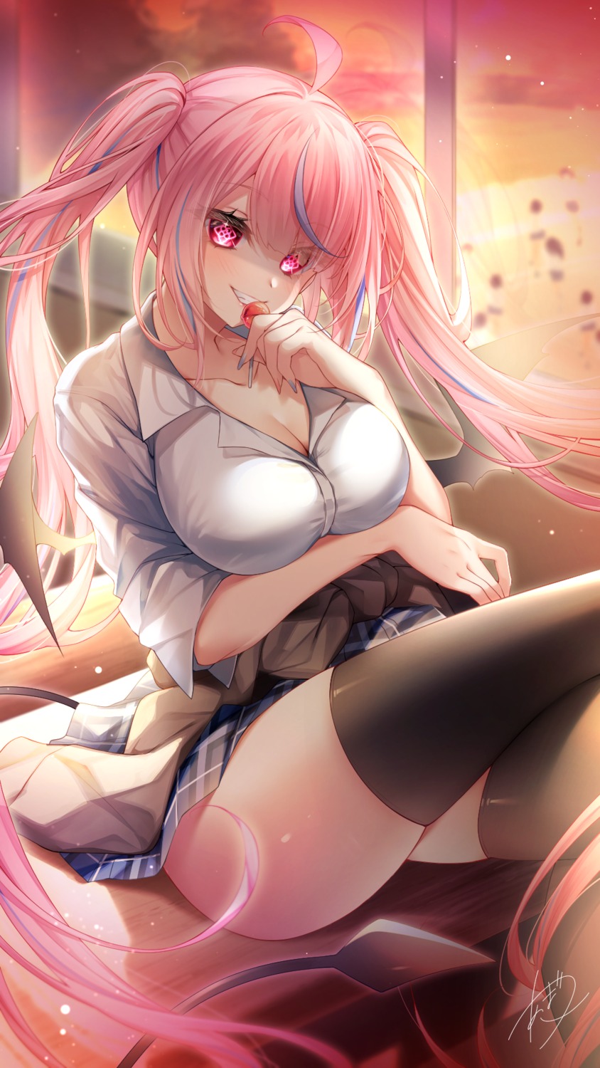 amatsuji, seifuku, skirt_lift, tail, thighhighs