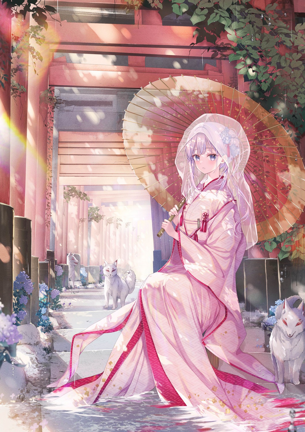hiiragi_asuka_(twinbox), japanese_clothes, twinbox, twinbox_gakuen, umbrella, wet