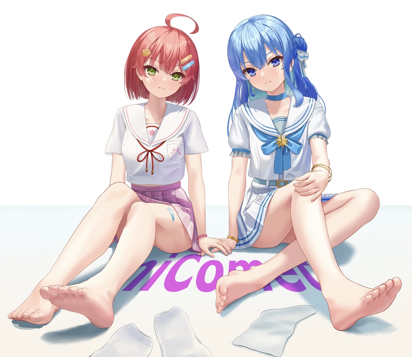 asakura_(asa_t77), bandaid, feet, hololive, hoshimachi_suisei, sakura_miko, seifuku, skirt_lift